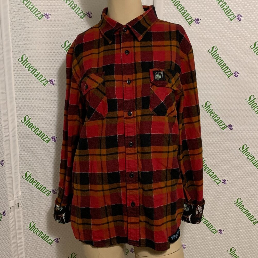 Middle Of Beyond Flannel Shirt Krampus Christmas Snow Globe Red Plaid Mens S